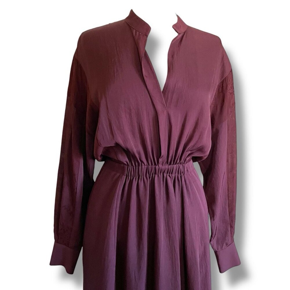 Vince Womens Midi Dress Sz Small Merlot Red Silk Jacquard Minimalist Blouson - Picture 7 of 12